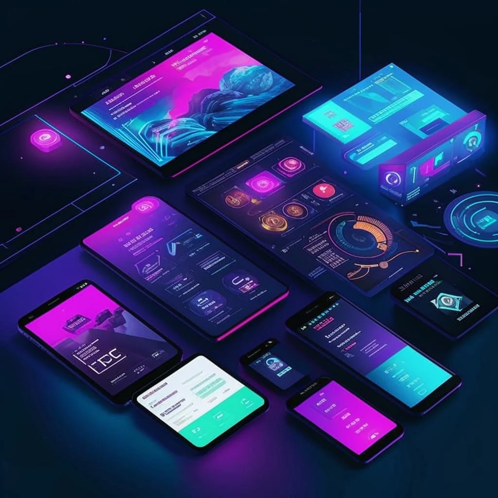 Digital products category showing computer code, software packages, and digital services icons in a blue grid layout