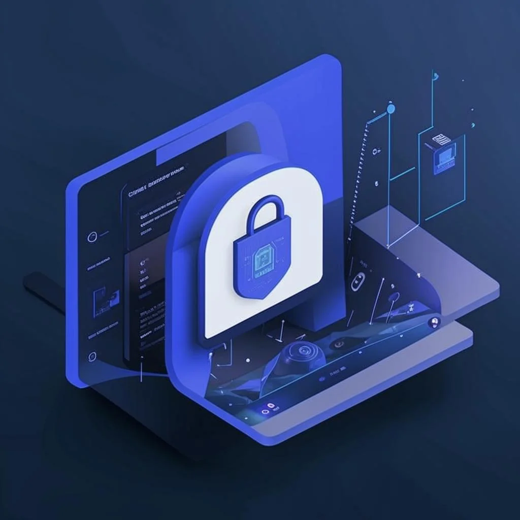 Security products category showing encryption tools, VPN services, and privacy gadgets with a shield icon in the center