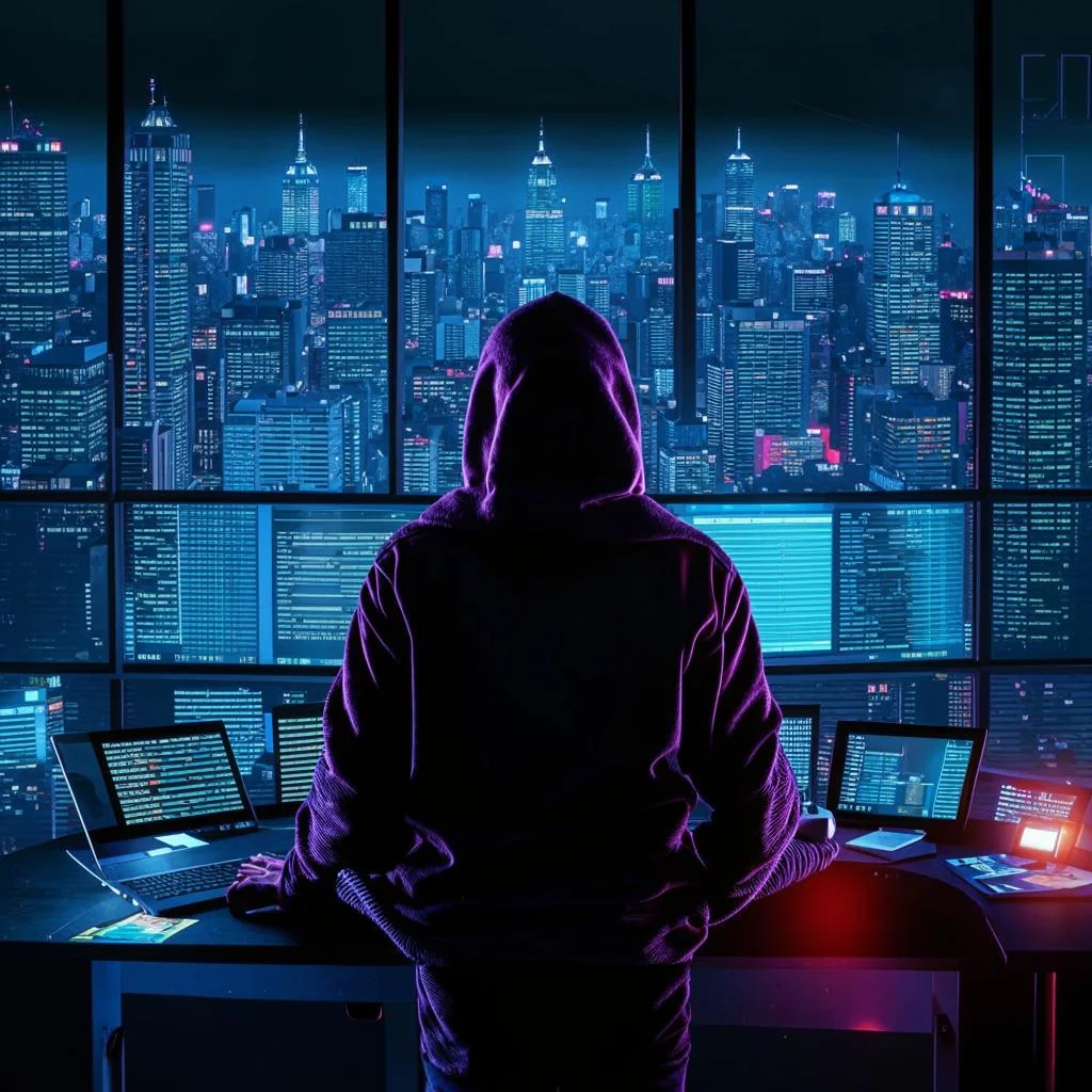 Services category showing icons representing various digital services like hacking, coding, design and consulting with blue connecting lines