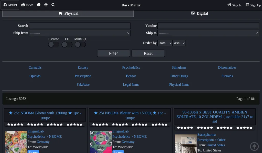 Dark Matter Market homepage screenshot showing darknet marketplace interface with product listings and vendor dashboard