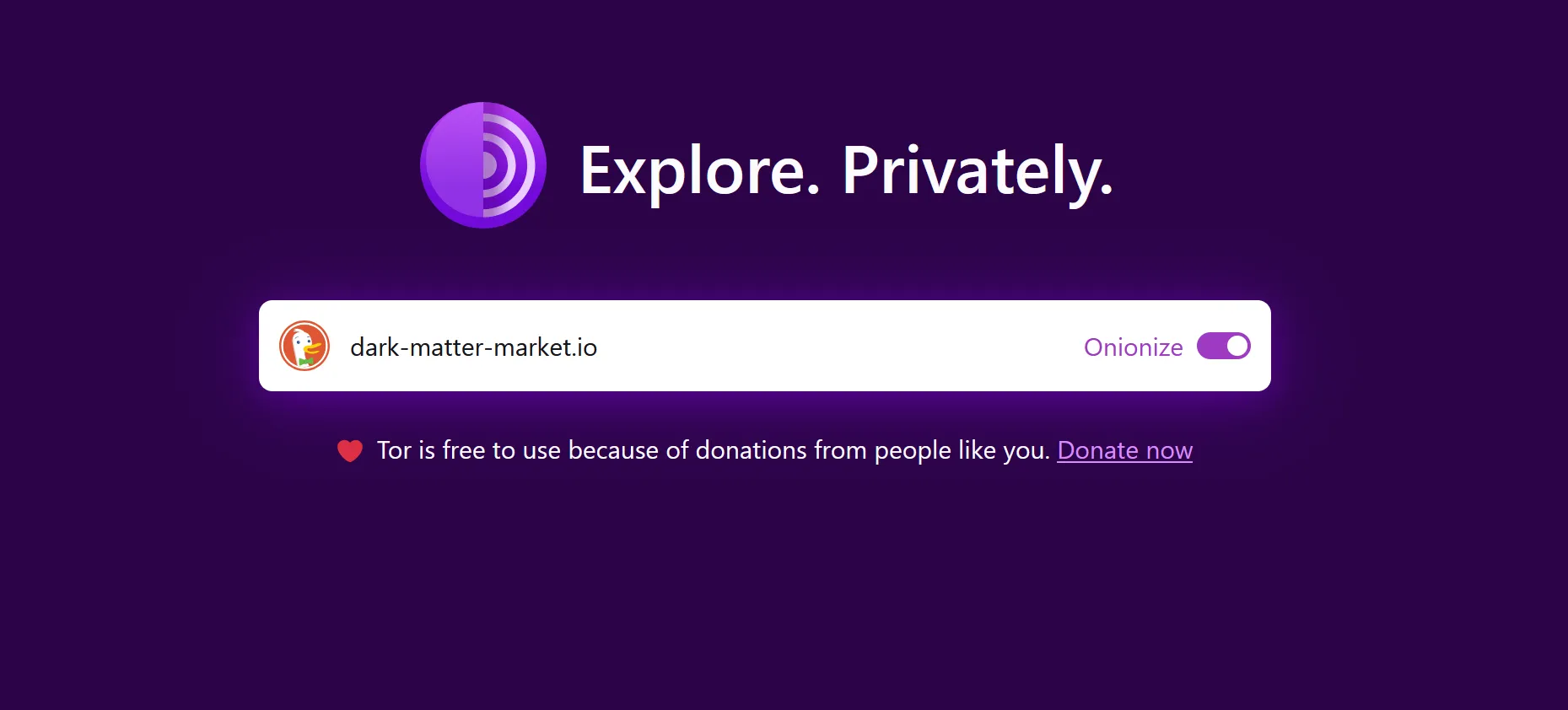 Tor Browser accessing Dark Matter onion marketplace through encrypted connection with anonymity layers visualization